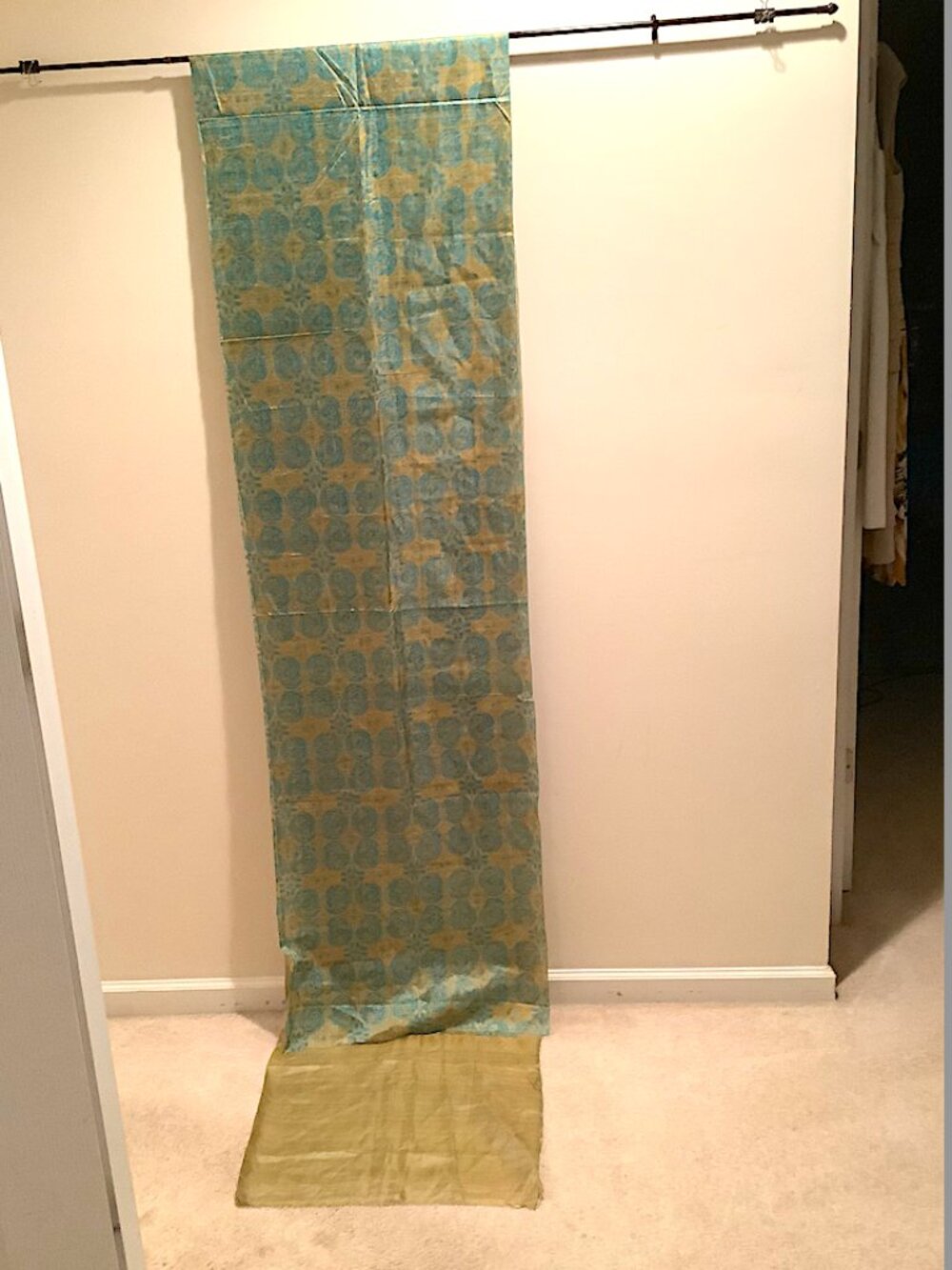 Vintage 1970s Thai 100% silk 42" x 168" in gold and blue, 29" long gold border
